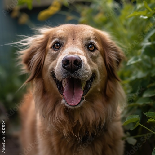 suburban happy summer dog portait in an outside summer home yard