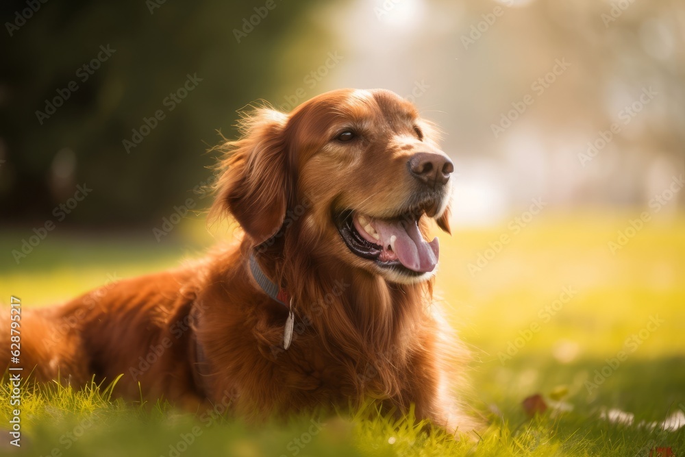 happy golden retriever in a tranquil neighborhood yard summer portrait happy golden retriever in a tranquil neighborhood yard summer portrait