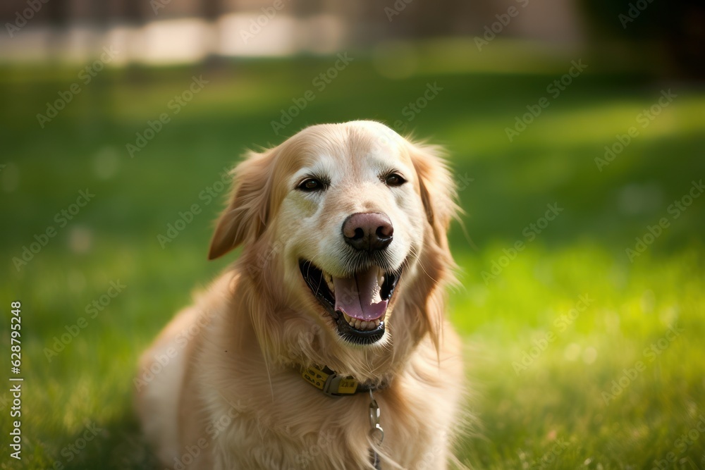 happy golden retriever in a tranquil neighborhood yard summer portrait happy golden retriever in a tranquil neighborhood yard summer portrait