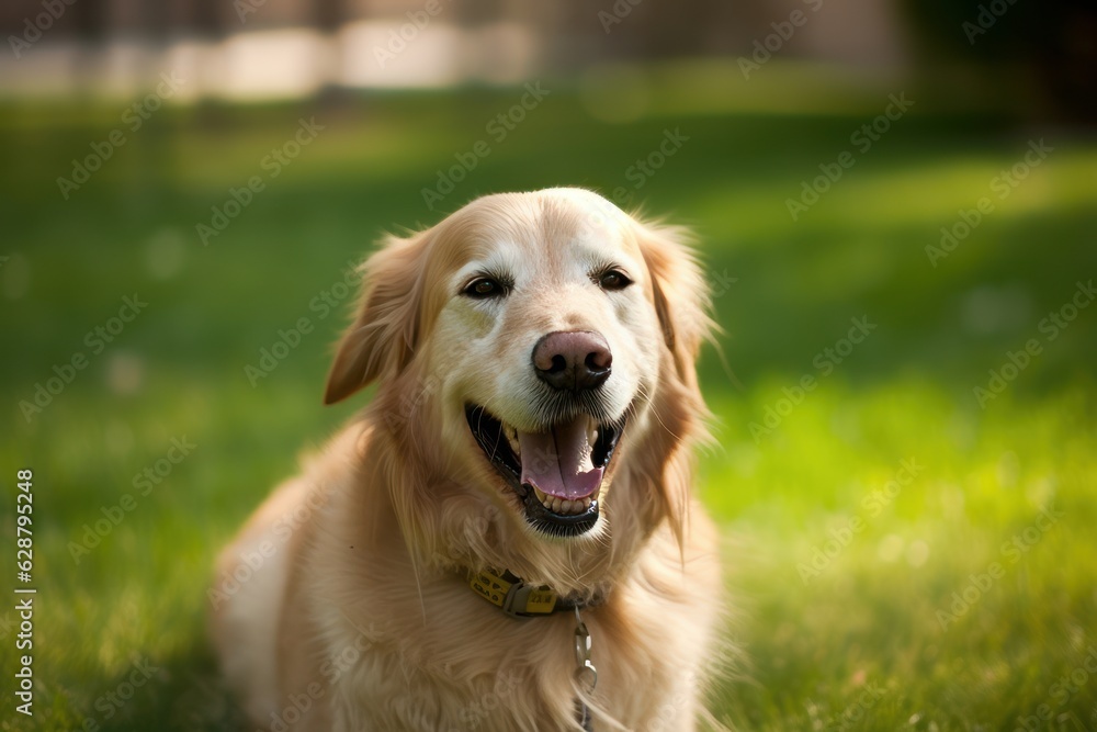 happy golden retriever in a tranquil neighborhood yard summer portrait