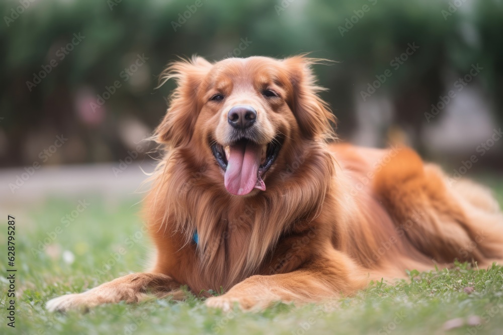 happy golden retriever in a tranquil neighborhood yard summer portrait happy golden retriever in a tranquil neighborhood yard summer portrait