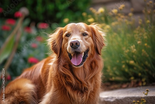 happy golden retriever in a tranquil neighborhood yard summer portrait