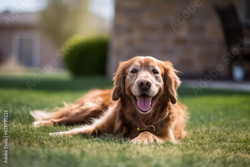 happy golden retriever in a tranquil neighborhood yard summer portrait