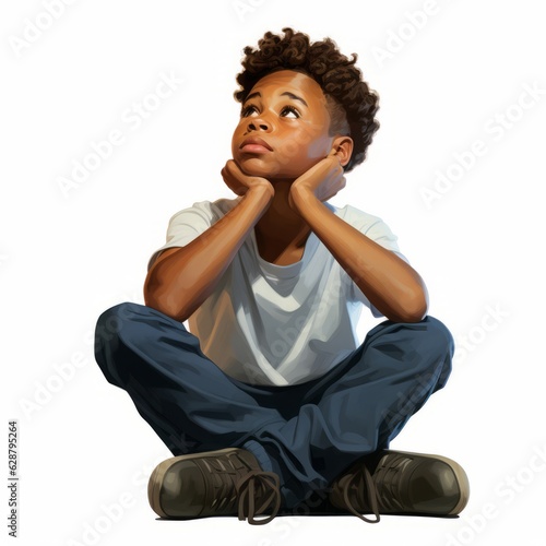 Black boy in thinking and doubts pose photorealistic illustration. Male character with dreamy face on abstract background. Ai generated realistic bright poster.