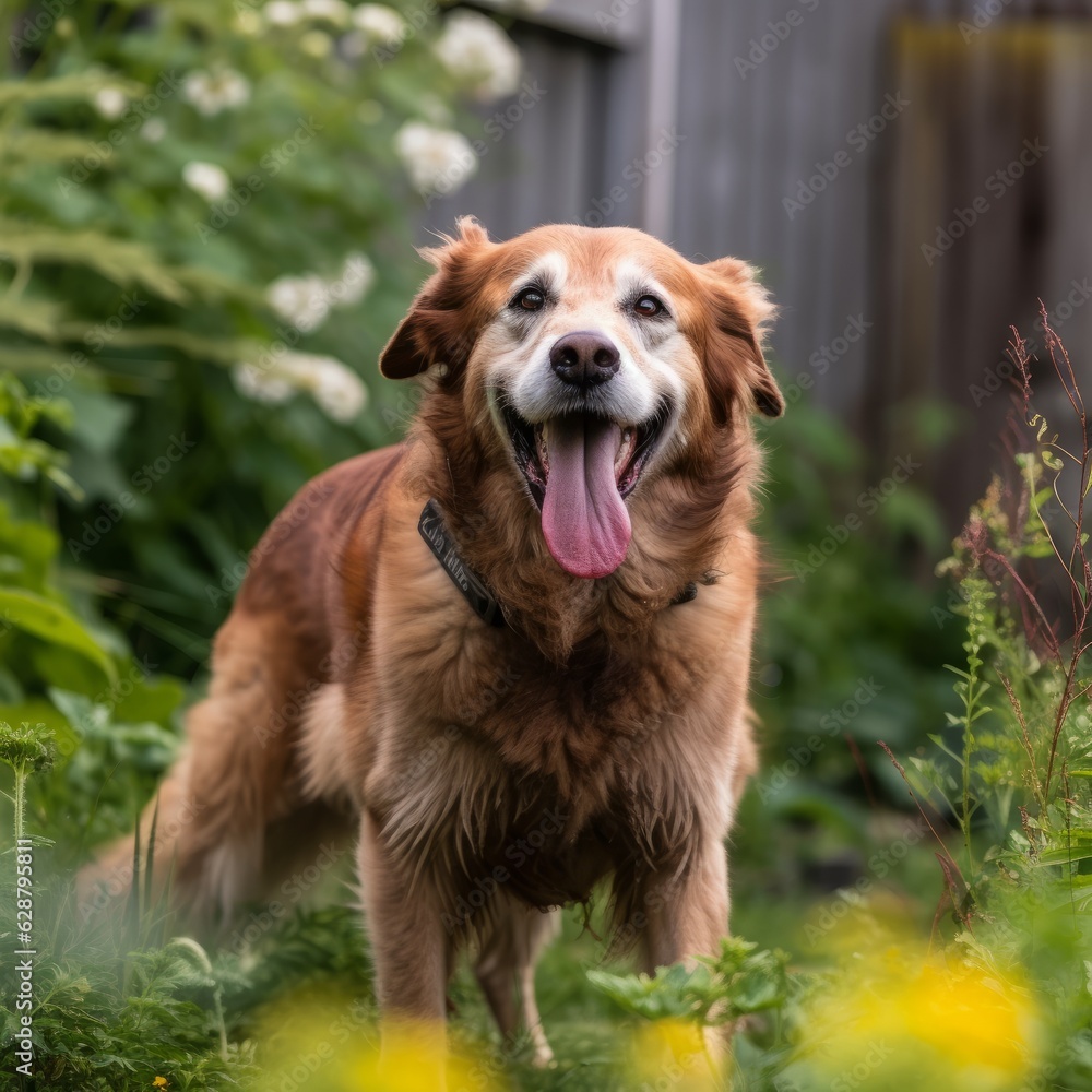 happy golden retriever in a tranquil neighborhood yard summer portrait