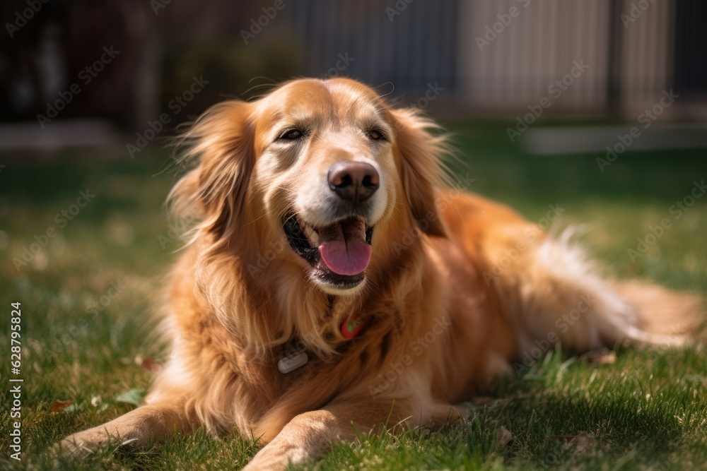 happy golden retriever in a tranquil neighborhood yard summer portrait happy golden retriever in a tranquil neighborhood yard summer portrait
