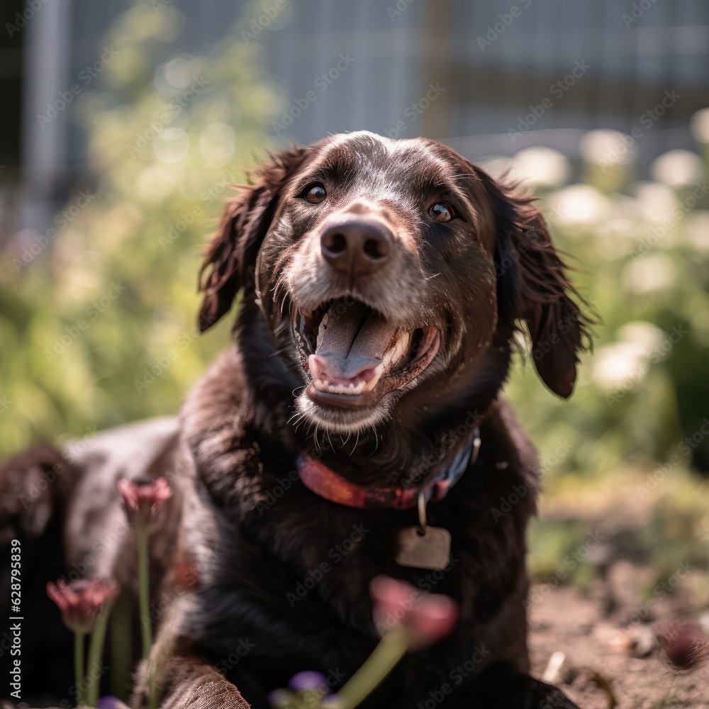 happy golden retriever in a tranquil neighborhood yard summer portrait happy golden retriever in a tranquil neighborhood yard summer portrait