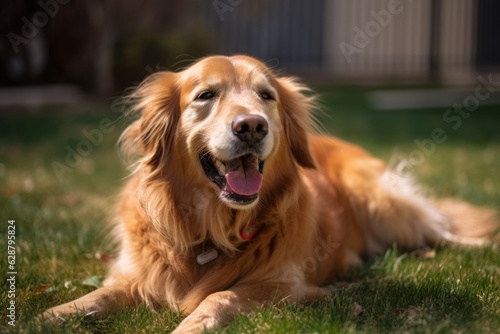 happy golden retriever in a tranquil neighborhood yard summer portrait