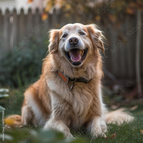 happy golden retriever in a tranquil neighborhood yard summer portrait