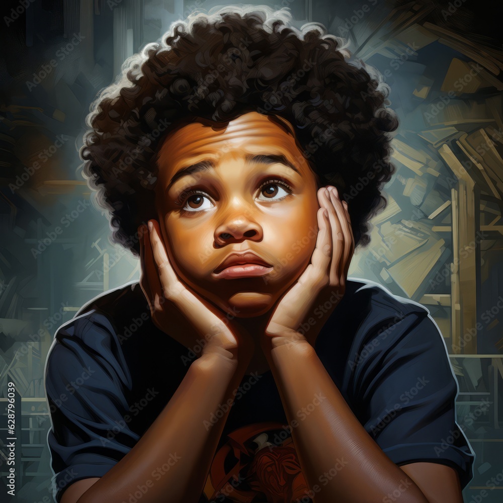 Black boy in thinking and doubts pose photorealistic illustration. Male character with dreamy face on abstract background. Ai generated realistic bright poster.