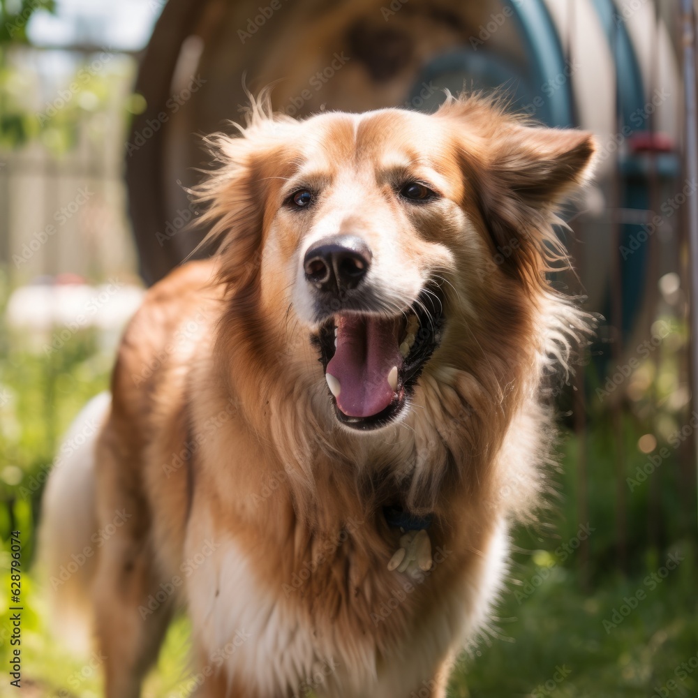 a happy dog panting in a summer yard during a nice day outside a happy dog panting in a summer yard during a nice day outside