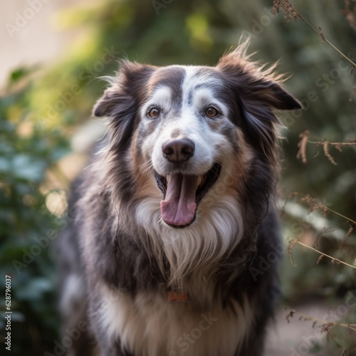 a happy dog panting in a summer yard during a nice day outside © AberrantRealities