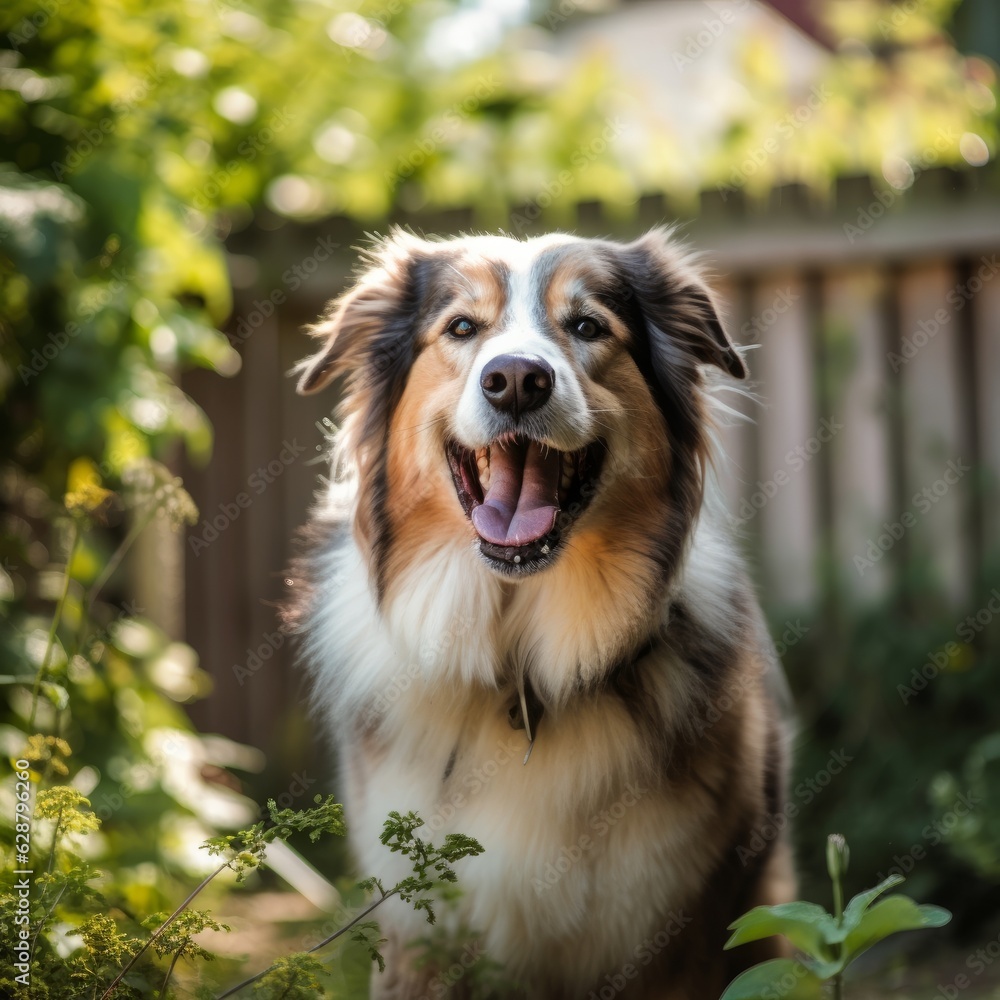 a happy dog panting in a summer yard during a nice day outside