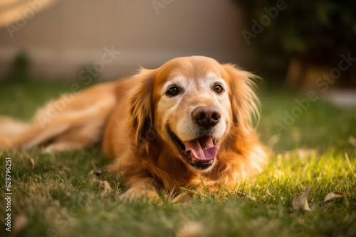 a happy dog panting in a summer yard during a nice day outside