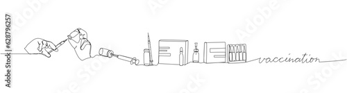 Vaccination set. Medicine ampoules with syringe needle, vaccine, draw vaccine into syringe one line art. Continuous line drawing of treatment, medication, with an inscription, lettering, handwritten.