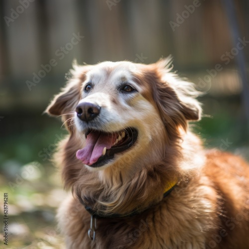 a happy dog panting in a summer yard during a nice day outside