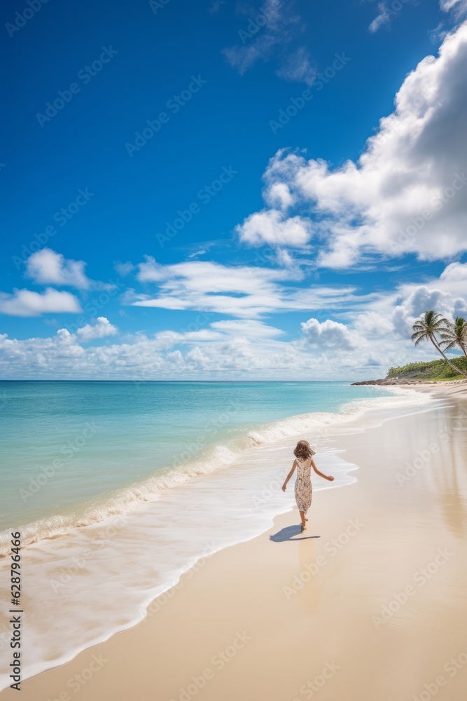 Happy Little Girl Playing on a Tropical Summer Beach Happy Little Girl Playing on a Tropical Summer Beach