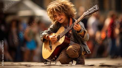 Tiny troubadour! A young guitarist with a comically oversized guitar, strumming away with passion Generative AI