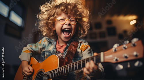 Guitar prodigy or playful explorer? A funny child experimenting with different chords on the guitar Generative AI