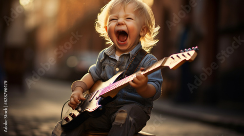Unconventional jam session! A child rocking out on their toy guitar, lost in the joy of music Generative AI