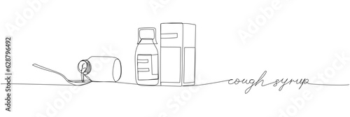 Cough syrup, medicine bottle with package, constipation syrup, herbal tincture, medicine one line art. Continuous line drawing of medical, pharmacy medicine, with inscription, lettering, handwritten.