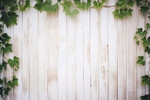白い壁と観葉植物 ツタと木目壁の背景画像 Background image of ivy and wood grain wall Generative AI