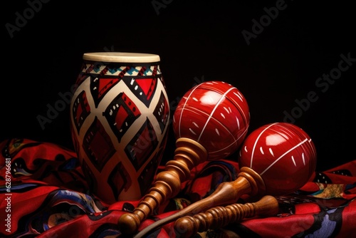 close-up of a maraca and bongo drums