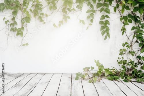 白い壁と観葉植物 ツタと木目壁の背景画像 Background image of ivy and wood grain wall Generative AI © lime