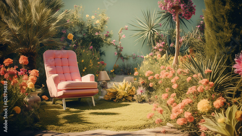 Pink armchair in the garden with flowers and plants. Vintage style. generative ai 