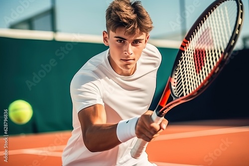 Tennis player, Focused young male hitting a ball.