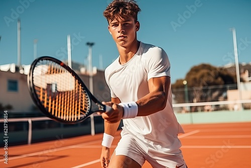 Tennis player, Focused young male hitting a ball. © thesweetsheep