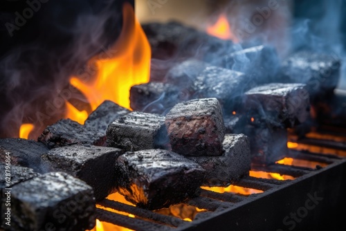 close-up of charcoal briquettes igniting in bbq grill photo