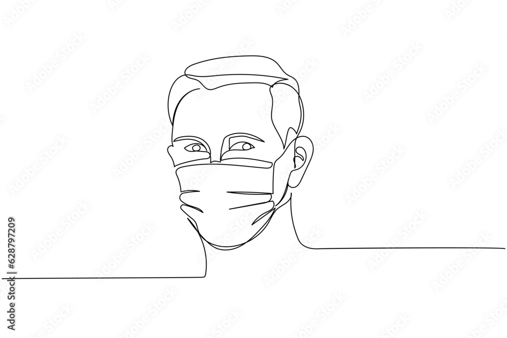 Doctor, medical uniform, nurse, a man in a medical mask, protection, hygiene, sterility, medical supplies, equipment one line art. Continuous line drawing of disposable, tool, surgery, pandemic, virus