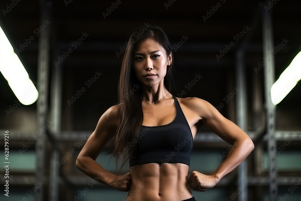 Fit asian woman working out with intense training movement.