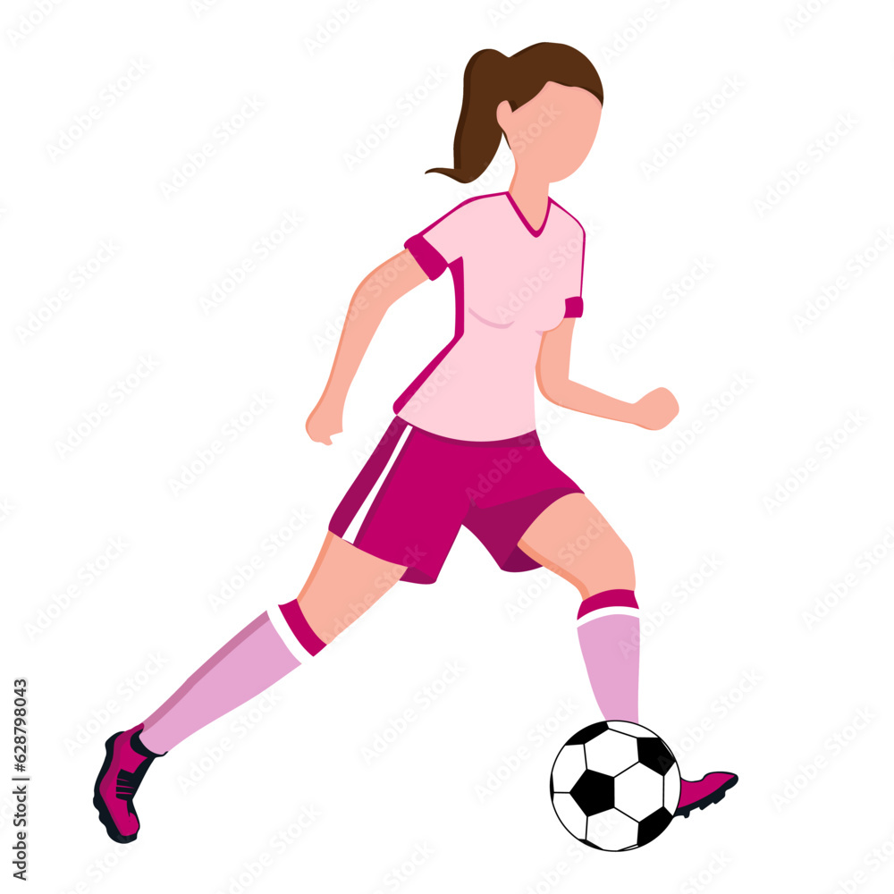 Football soccer player girl with ball in action. Flat illustration