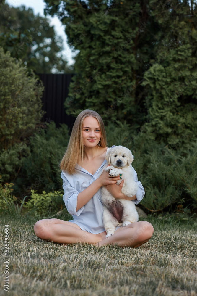 beautiful girl with dogs golden retriever puppies on a walk in summer beautiful girl with dogs golden retriever puppies on a walk in summer