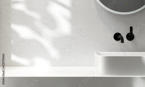 White stone vanity counter, modern smart mirror, ceramic washbasin, black deck mount faucet in bathroom in sunlight, shadow on cement wall. Luxury beauty, cosmetic, skincare, body care background 3D