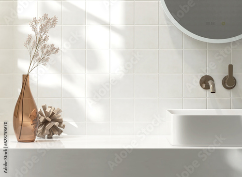 White vanity counter top, square wall tiles with ceramic washbasin, modern minimal style faucet, flower vase in bathroom in morning sunlight and shadow for beauty, cosmetic, skincare background 3D