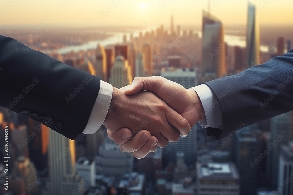 businessmen shake hands on the background of the city. Business concept. conclusion of a contract. generative ai.