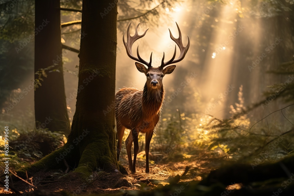 deer with big horns in a dense forest in the rays of morning light. The concept of animal protection. generative ai.