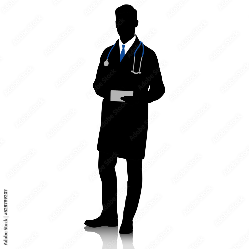 Silhouette of a doctor in a white coat with a tablet in his hands. Male healthcare worker. Hand-drawn vector illustration set isolated on white Silhouette of a doctor in a white coat with a tablet in his hands. Male healthcare worker. Hand-drawn vector illustration set isolated on white