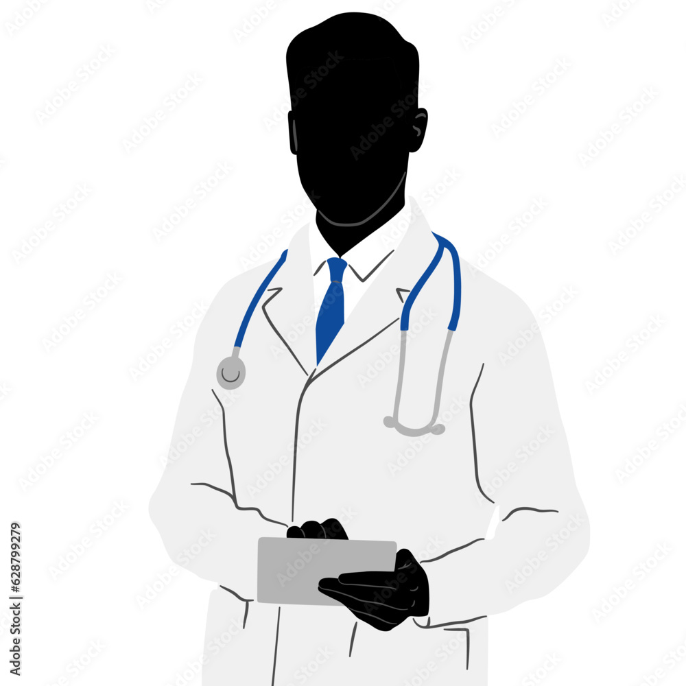 Fototapeta premium Silhouette of a doctor in a white coat with a tablet in his hands. Male healthcare worker. Hand-drawn vector illustration set isolated on white