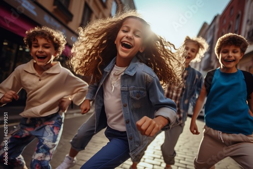 happy girls and boys dancing on the street. Concept of happiness. generative ai.