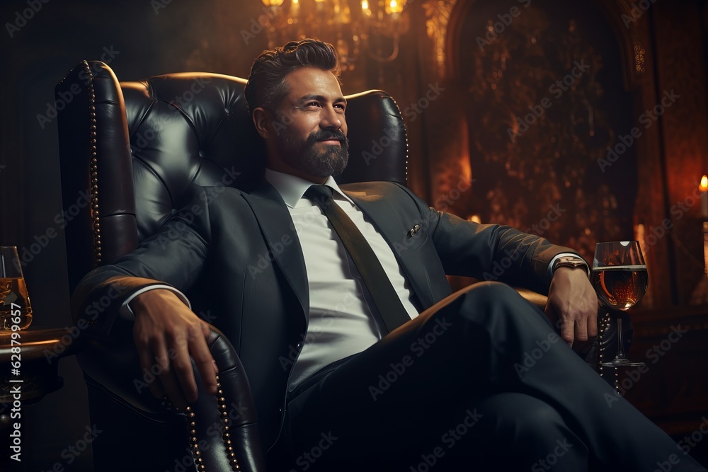 a man in a classic suit sits in a leather chair with a glass of whiskey. The concept of ulicha. generative ai.