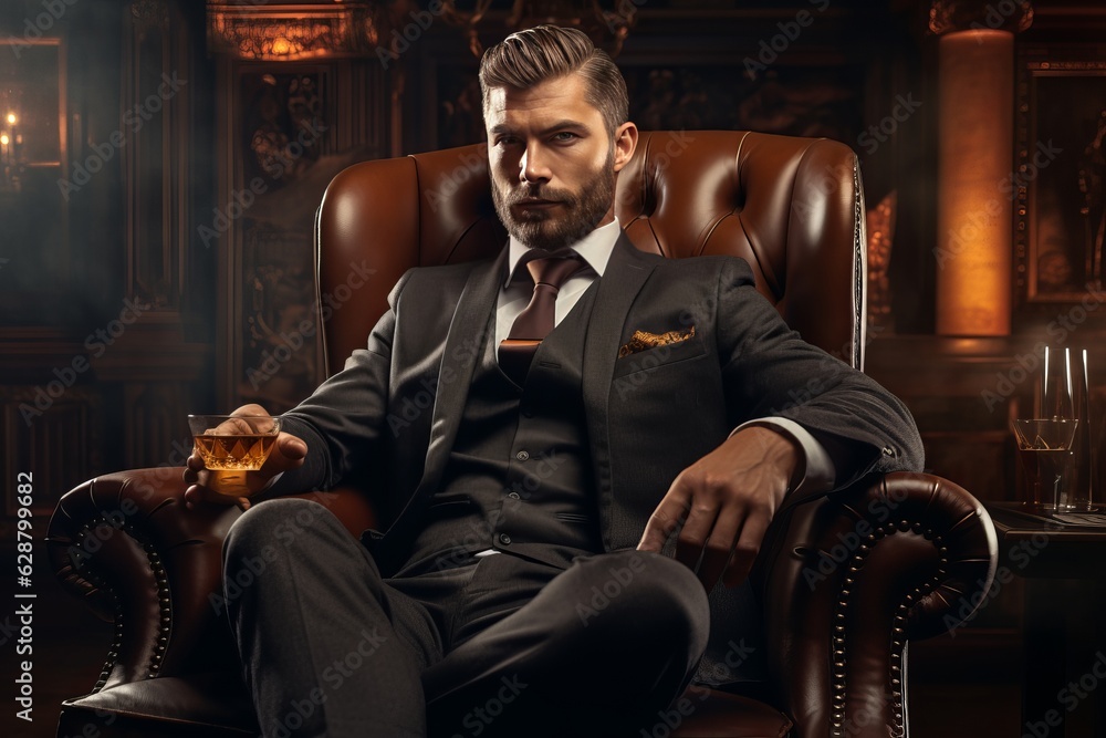 a man in a classic suit sits in a leather chair with a glass of whiskey. The concept of ulicha. generative ai.