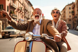 Happy elderly couple riding a scooter in vacation. Happy retirement concept.