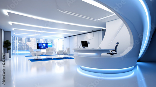 Technology company reception  with a futuristic high tech design  in white and blue colors