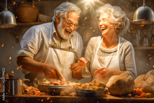 Happy senior couple cooking in the kitchen, being happy and enjoying the moment
