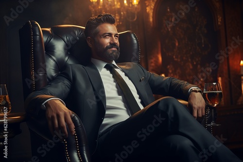 Photo a man in a classic suit sits in a leather chair with a glass of whiskey