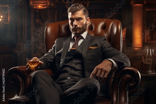 Obraz na płótnie a man in a classic suit sits in a leather chair with a glass of whiskey. The concept of ulicha. generative ai. w salonie